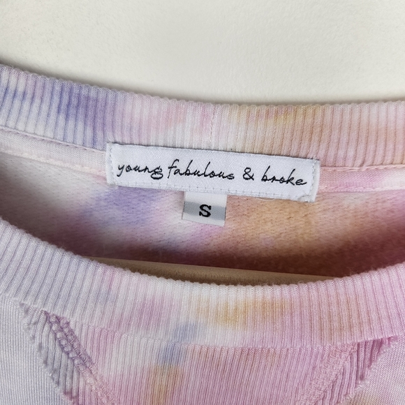 Young, Fabulous, and Broke Tie Dye Purple Pink Yellow Long Sleeve Sweater Sz S - Picture 3 of 6